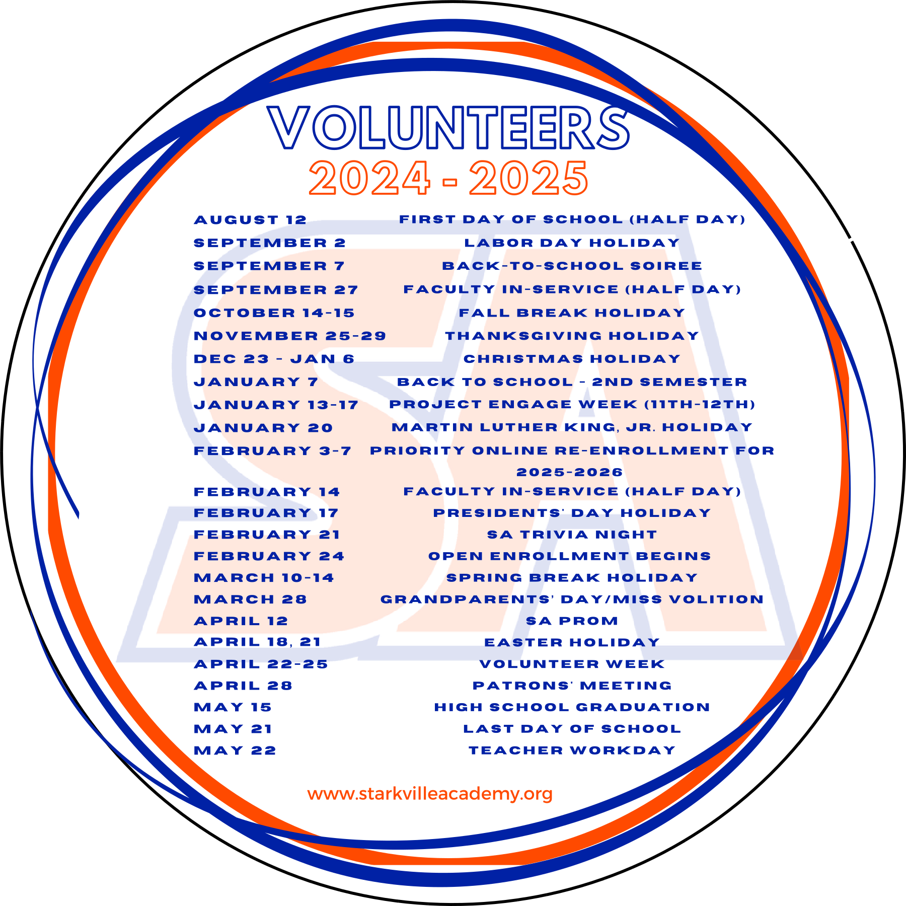 2024-2025 6 2024-2025-6-round-school-calendar-magnet-starkville-academy-volunteer-store